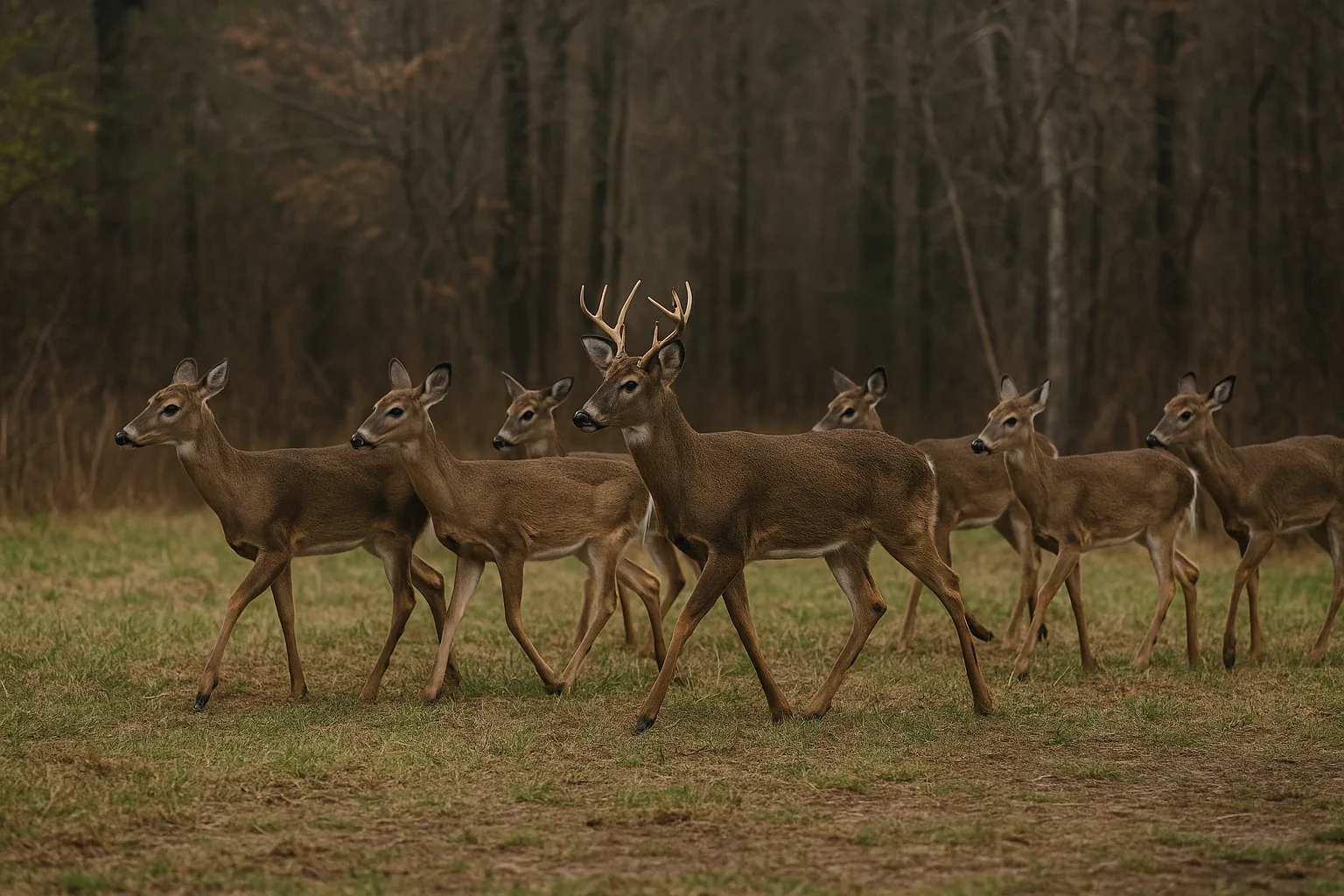 Whitetail deer herd crossing field